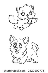 Jumping Kitten and Sitting Puppy Coloring Page – Cute Line Art Printable for Kids, Preschool, and Kindergarten Activities