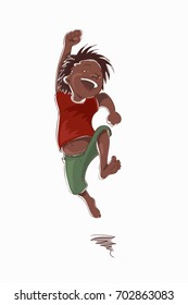 Jumping laughing boy in a red tee-shirt and green shorts.