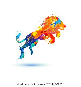 Jumping lion vector icon. Running lion silhouette of splash paint