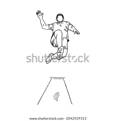 Jumping.	long jump athlete jumps with a very satisfying jump.	Retro vintage sketch vector illustration. Engraving style. black isolated on white background. vector draw graphic design illustration 