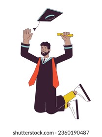 Jumping male student in graduation gown flat line color vector character. Editable outline full body person on white. Graduate holding diploma simple cartoon spot illustration for web graphic design