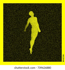 Jumping man. 3D Human Body Model. Black and yellow grainy design. Stippled vector illustration.