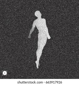 Jumping man. 3D model of man. Black and white grainy dotwork design. Stippled vector illustration.