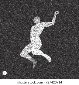 Jumping man. 3D model of man. Black and white grainy design. Stippled vector illustration.