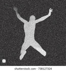 Jumping man. 3D model of man. Black and white grainy design. Stippled vector illustration.