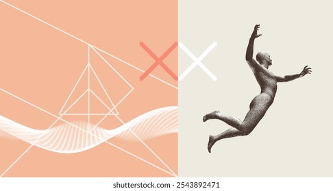 Jumping man. 3D model of the human body. Design for sport. Concept of leadership, freedom or development. Abstract digital wave in grid style. Sound wave. Big data visualisation. Vector illustration