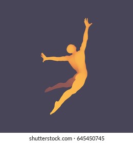 Springender Mann. 3D-Modell des Menschen. Menschlicher Körper. Sportsymbol. Design-Element für Unternehmen, Wissenschaft und Technologie. Vektorgrafik.