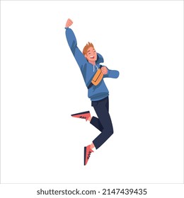 Jumping Man Character Feeling Freedom and Motion Flying in Mid Air Vector Illustration