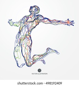 Jumping man, colored lines drawing, vector illustration.