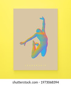 Jumping man constructing from cubes. Gymnastics activities for icon health and fitness community. Voxel art. 3D vector illustration.