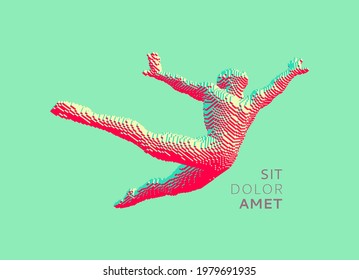 Jumping man constructing from cubes. Gymnastics activities for icon health and fitness community. Voxel art. 3D vector illustration.