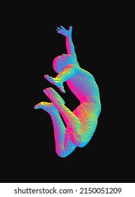 Jumping man constructing from cubes. Gymnastics activities for icon health and fitness community. Voxel art. 3D vector illustration.