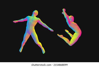 Jumping man constructing from cubes. Gymnastics activities for icon health and fitness community. Flying man in zero gravity or a fall. Hovering in the air. Levitation act. 3D vector illustration.