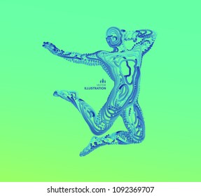 Jumping man. Freedom concept. 3d vector Illustration. Wire connection to virtual reality. 