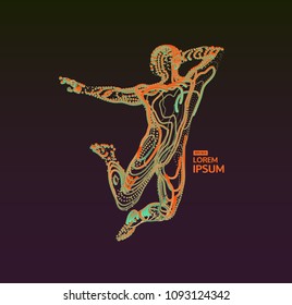 Jumping man. Freedom concept. 3d vector Illustration. Wire connection to virtual reality. 