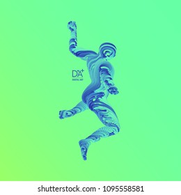 Jumping man. Freedom concept. 3d vector Illustration. Wire connection to virtual reality. 