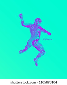 Jumping man. Freedom concept. 3d vector Illustration. Wire connection to virtual reality. 