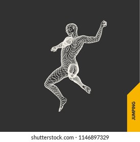 Jumping man. Freedom concept. 3d vector Illustration. Wire connection to virtual reality. 
