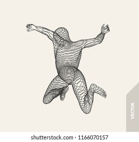 Jumping man. Freedom concept. 3d vector Illustration. Wire connection to virtual reality. 