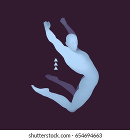 Jumping Man. Gymnast. 3D human body model. Gymnastics activities for icon health and fitness community. Vector illustration.
