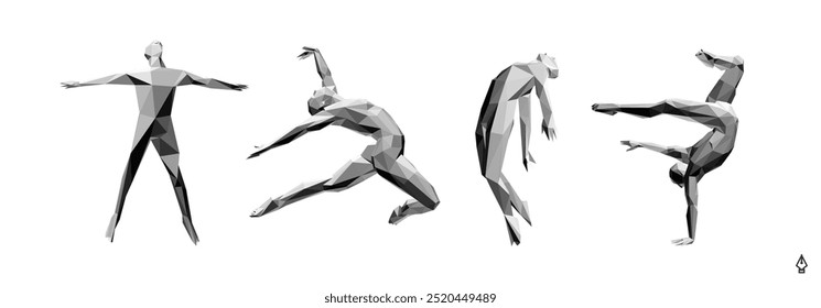 Jumping Man. Gymnastic exercises for the health and fitness community. 3D model of human body. Guy doing one arm stand. Sports symbol for fitness studio, dance class, yoga or aerobics classes.