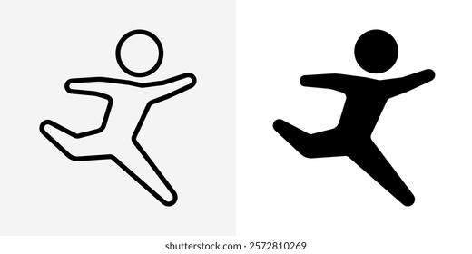 Jumping man icon. Jump of joy stick figure silhouette vector illustration. Ballet position symbol. Fun and cheerful person sign. Long jump athletic body pose pictogram. Running man motion figure.