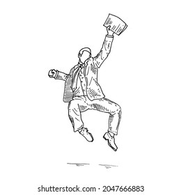 Sauter.	un homme saute parce qu'il est heureux, tout en criant oui.	Illustration vintage dessinée à la main. Style de gravure. noir isolé sur fond blanc. illustration graphique de dessin vectoriel 
