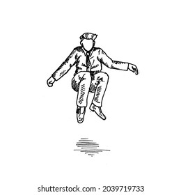 Jumping. a man jumps, both legs are folded in and hands are stretched to the right and left.	Retro vintage sketch vector illustration. Engraving style. black isolated on white background. vector draw
