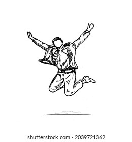 Jumping. a man jumps high, both legs bent back, both hands raised up.	Retro vintage sketch vector illustration. Engraving style. black isolated on white background. vector draw graphic design 