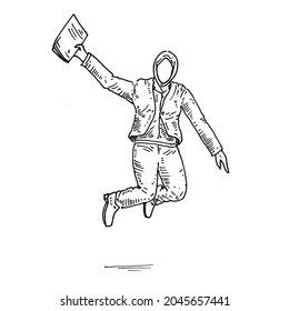 Saltando.	un hombre salta alto con un archivo en su mano derecha.	Ilustración vectorial de boceto retro vintage. Estilo de grabado. negro aislado sobre fondo blanco. esbozo de ilustración de diseño gráfico de dibujo vectorial.