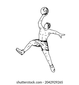 Jumping. a man jumps high reaching for the ball.	Retro vintage sketch vector illustration. Engraving style. black isolated on white background. vector draw graphic design illustration sketch.