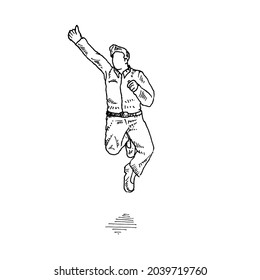 Jumping. a man jumps with his right hand up. Retro vintage sketch vector illustration. Engraving style. black isolated on white background. vector draw graphic design illustration sketch.