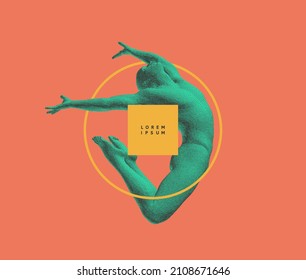 Jumping man made from dots. Stipple effect. Gymnastics activities for icon health and fitness community. 3d vector illustration. 