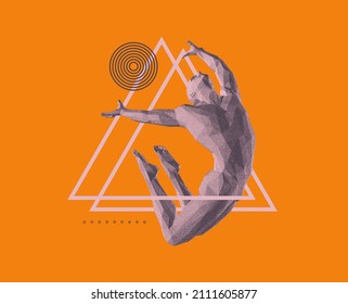 Jumping Man Made From Dots. Stipple Effect. Gymnastics Activities For Icon Health And Fitness Community. 3d Vector Illustration. 