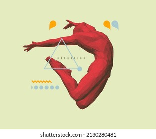 Jumping man made from dots. Stipple effect. Gymnastics activities for icon health and fitness community. 3d vector illustration. 