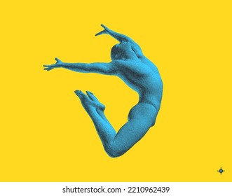 Jumping Man Made From Dots. Stipple Effect. Gymnastics Activities For Icon Health And Fitness Community. 3d Vector Illustration. 