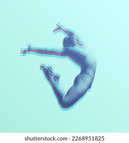 Jumping man made from dots. Stipple effect. Gymnastics activities for icon health and fitness community. 3d vector illustration. 