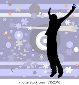 jumping man on retro background with flowers
