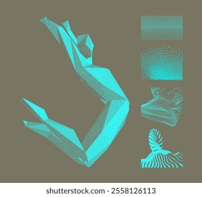 Jumping man from polygons and dotted style. Splashing water from an array with particles. Modelling a curved virtual space from a mesh. Background with circles. Large curved wave with optical illusion