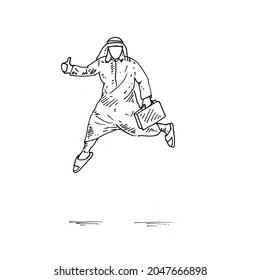 Jumping.	a man in a robe, holding a bag in his left hand, jumps high.	Retro vintage sketch vector illustration. Engraving style. black isolated on white background. vector draw graphic design 