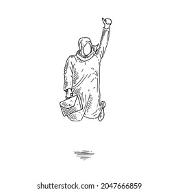 Jumping.	a man in a robe jumps high, left hand on top, right hand holding a bag, both legs bent back.	Retro vintage sketch vector illustration. Engraving style. black isolated on white background. 