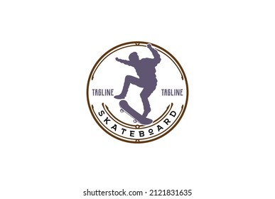 Jumping Man Silhouette With Skateboard Badge Emblem Label For Skater Club Logo Design Vector