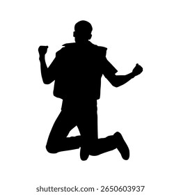 Jumping Man Silhouette in Victory Pose, Energetic Male Silhouette Celebrating with Fist Pump