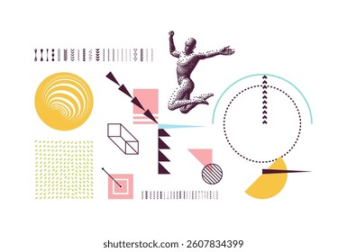 Jumping man with stipple effect. The concept of leadership or freedom. Art composition with geometric shapes and forms. Memphis design. Vector for poster, cover, magazine, leaflet or brochure.