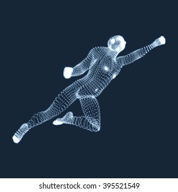 Jumping Man. Vector Graphics Composed of Particles. 3D Model of Man. Human Body Model. Body Scanning. View of Human Body. 