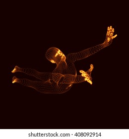 Jumping Man. Vector Graphics Composed Of Particles. Human Body Model.