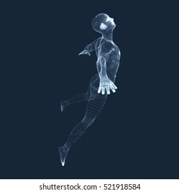 Jumping Man. Vector Graphics Composed of Particles. 3D Model of Man. Human Body Model. Body Scanning. View of Human Body. 