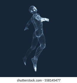 Jumping Man. Vector Graphics Composed of Particles. 3D Model of Man. Human Body Model. Body Scanning. View of Human Body. 