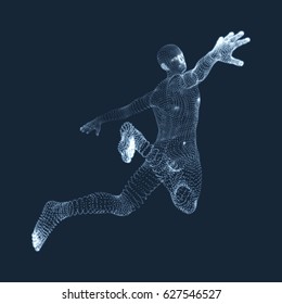 Jumping Man. Vector Graphics Composed of Particles. 3D Model of Man. Human Body Model. Body Scanning. View of Human Body. 