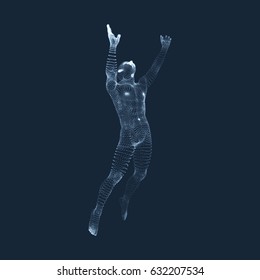 Jumping Man. Vector Graphics Composed of Particles. 3D Model of Man. Human Body Model. Body Scanning. View of Human Body. 